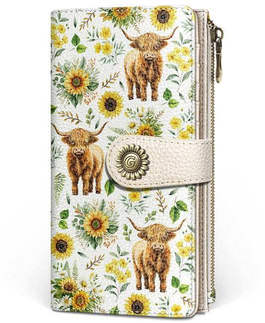 GIANCOMICS Highland Cow Womens Wallet RFID Blocking, Sunflower Credit Card Holder Bifold, PU Leather Travel Billfold, Long Cute Cash Purse, Zipper Coin Pocket Clutch, 11 Card Slot, Ladies Gift Woman