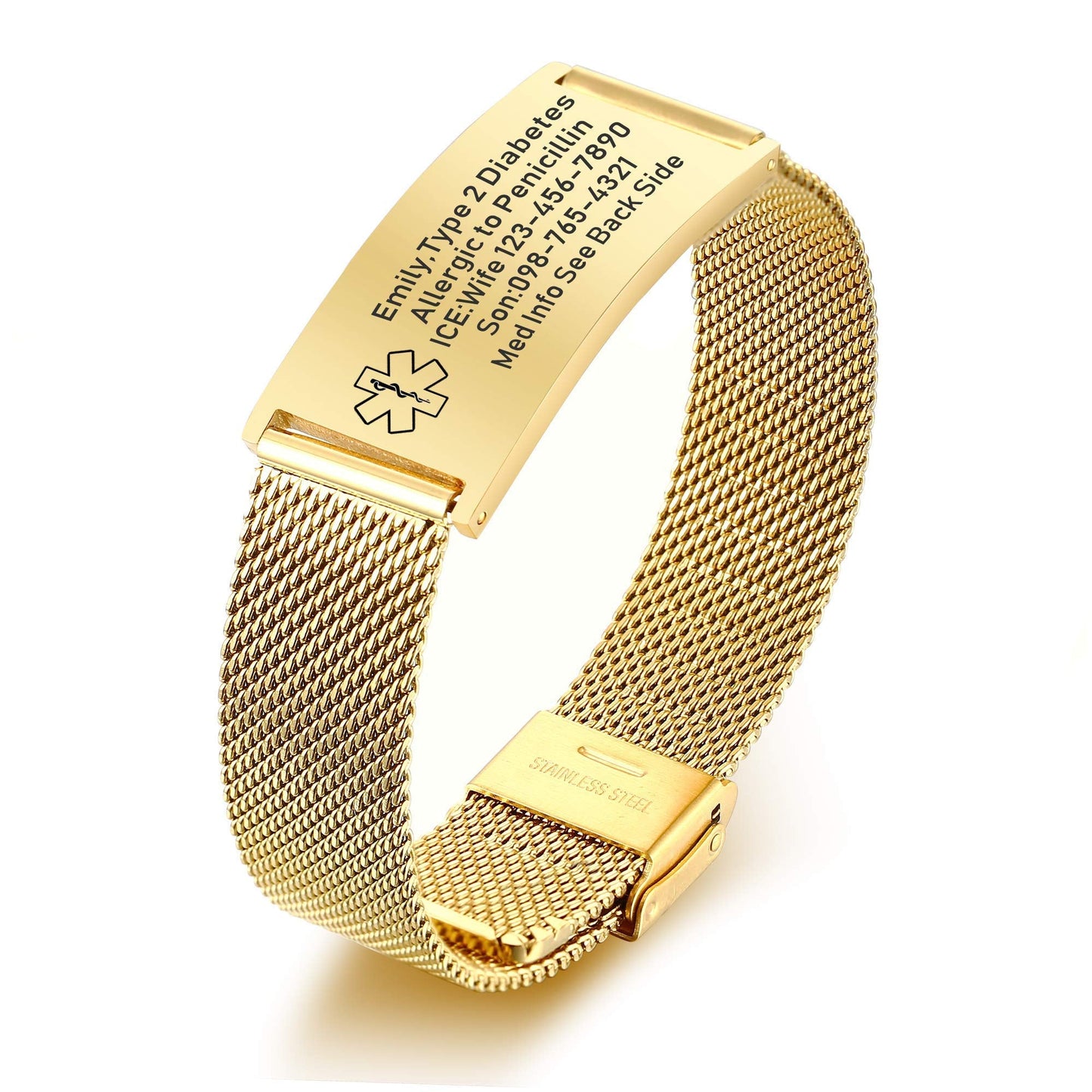 VNOX Width Medical Alert Bracelets for Men with Free Custom Engraving Adjustable Stainless Steel Mesh Emergency Medical ID Bracelets Wristband,Gold Plated