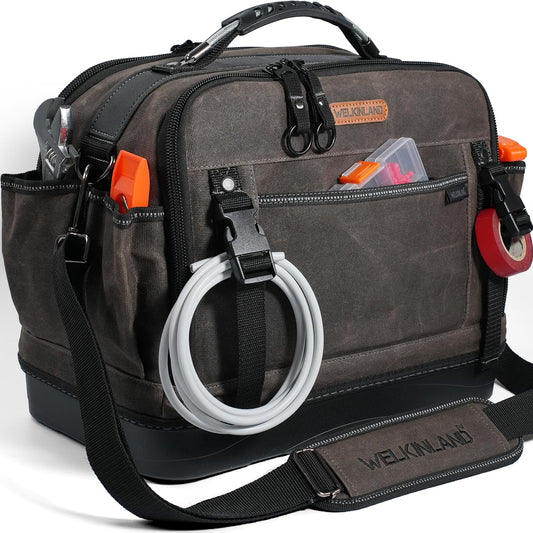 WELKINLAND 53Pockets Hard-Bottom HVAC Bag, Heavy-Duty Electrician Tool Bag,Waterproof Waxed Canvas Tools Bags, Top-Open 16 Inch Tool Bags,HVAC Service Bag For Men