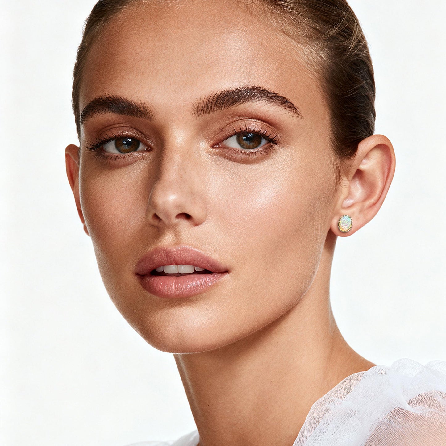 JiayangJY White Fire Opal Stud Earrings for Women 18K White Gold Plated Sterling Silver Oval Shape 7mm Opal Earrings with Push Back