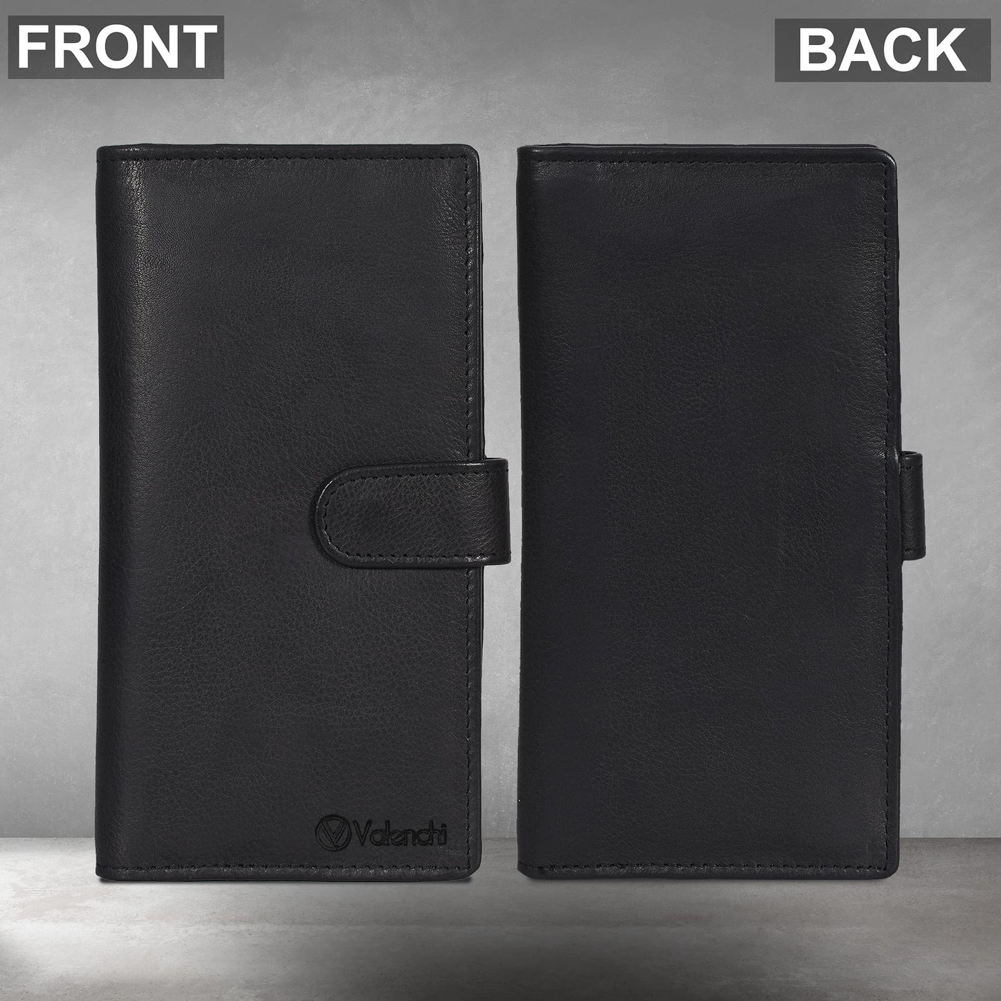 Leather Checkbook Cover for Men & Women - Duplicate Checks - RFID Blocking - Slim Long Wallet with 5 Card Holder Slots - Personal & Business Checks (Black Nappa)