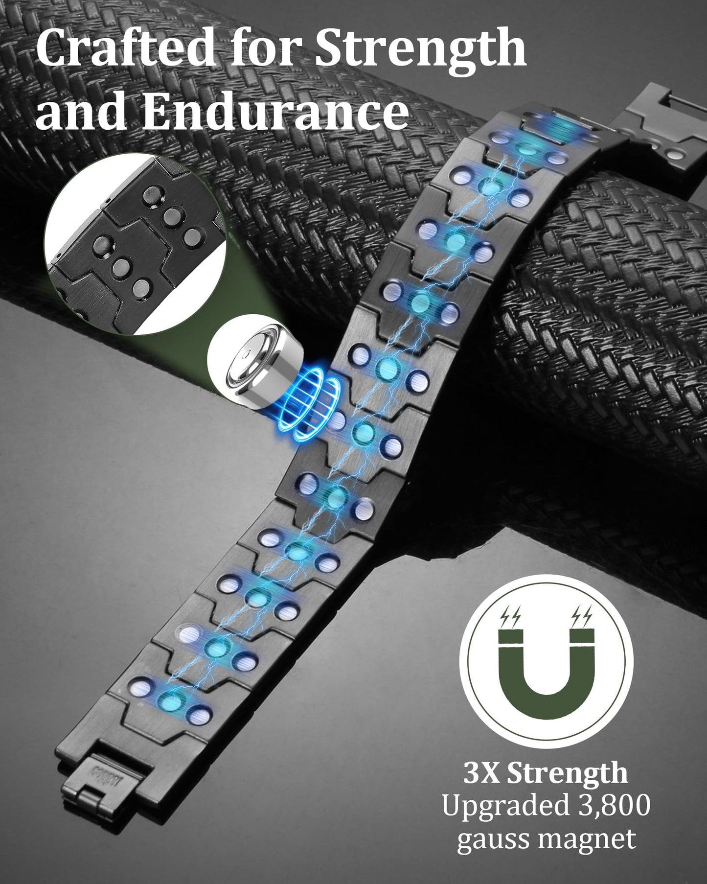 Fashtour 3X Copper Bracelet for Men Triple Ultra Strength Magnets, Masculine Design Pure Copper Magnetic Bracelet, Adjustable Length with Sizing Tool (Black)