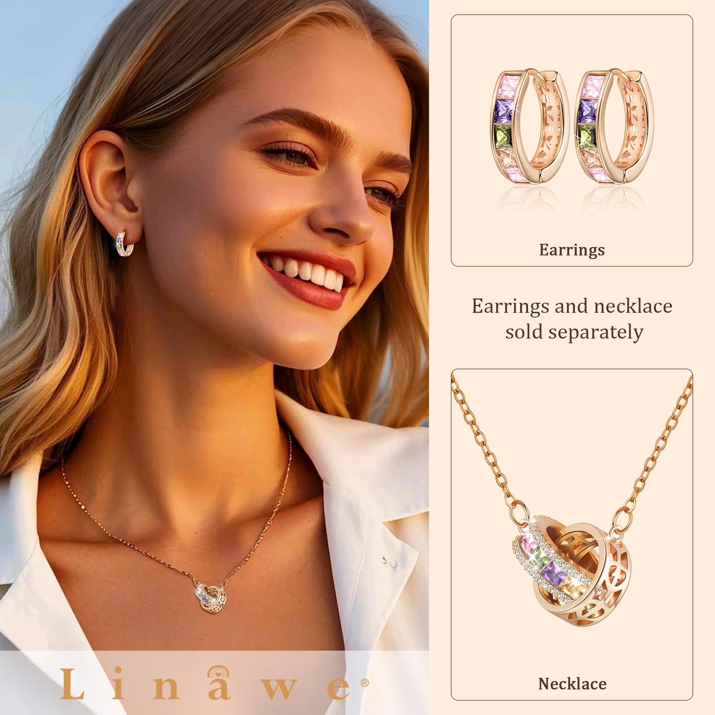 Linawe Hoop Earrings for Women - Trendy Tiny Mini Huggie, Cubic Zirconia Rainbow Rose Gold, Safety Pin Flat Back Stud, Tragus Piercing Jewelry