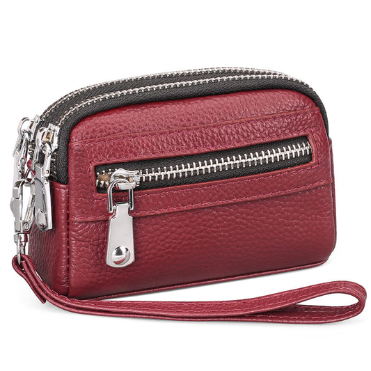 SENDEFN Coin Purse for Women Leather Wristlet Double Zip Around Small Change Pouch