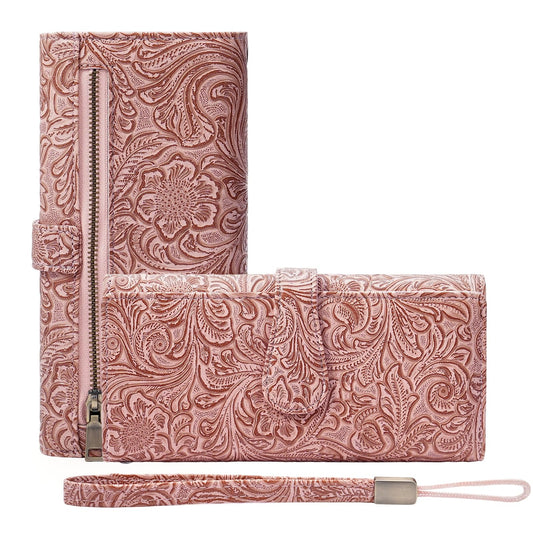 BVEOGMRO Wristlet Wallet for Women Leather Clutch Purse Trifold Card Holder RFID Blocking Large Capacity Pink