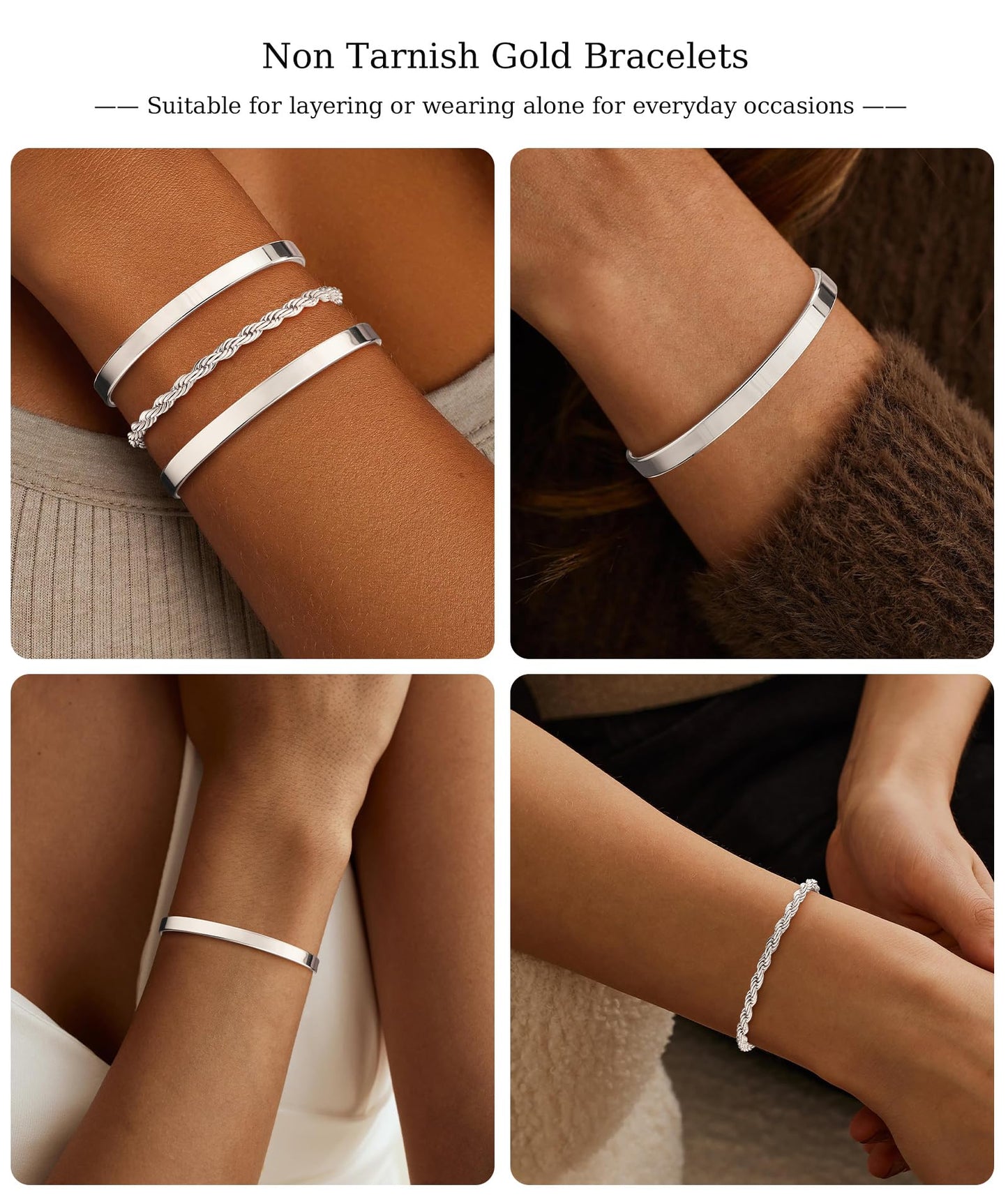 ZOERAY Silver Gold Bangle Bracelets for Women Non Tarnish 14k Gold Plated Stackable Cuff Bracelets for Women Trendy Cubic Zirconia Stainless Steel Chunky Bracelet Stack Set Waterproof Jewelry Gifts
