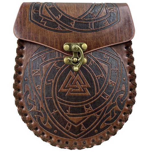 HiiFeuer Nordic Embossed Belt Bag, Retro Medieval Faux Leather Side Pack, Vintage Portable Belt Pouch For LARP Ren Faire (Odin)