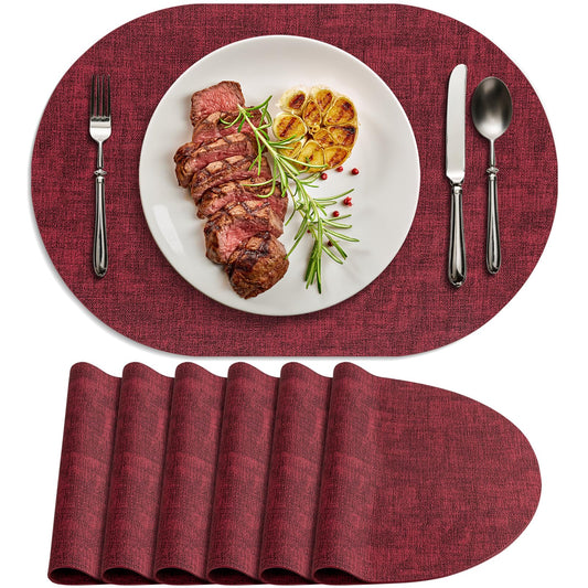 BARTHKIT Placemats for Dining Table Set of 6 Non-Slip, Heat Resistant Oval Leather Placemat Double Layer, Waterproof Table Mats Easy to Clean for Kitchen Dining Room Coffee Office Table, Wine Red