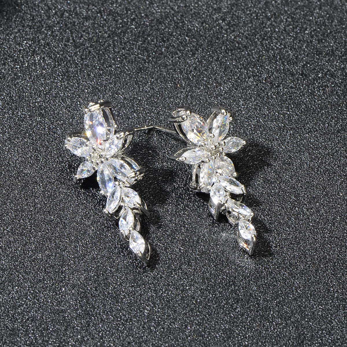 Women's Cubic Zirconia Bridal Earrings - Silver Marquise CZ Cluster Floral Leaf Crystal Rhinestone Dangle Drop Earring for Bride Bridesmaids Mother of Bride Party Prom