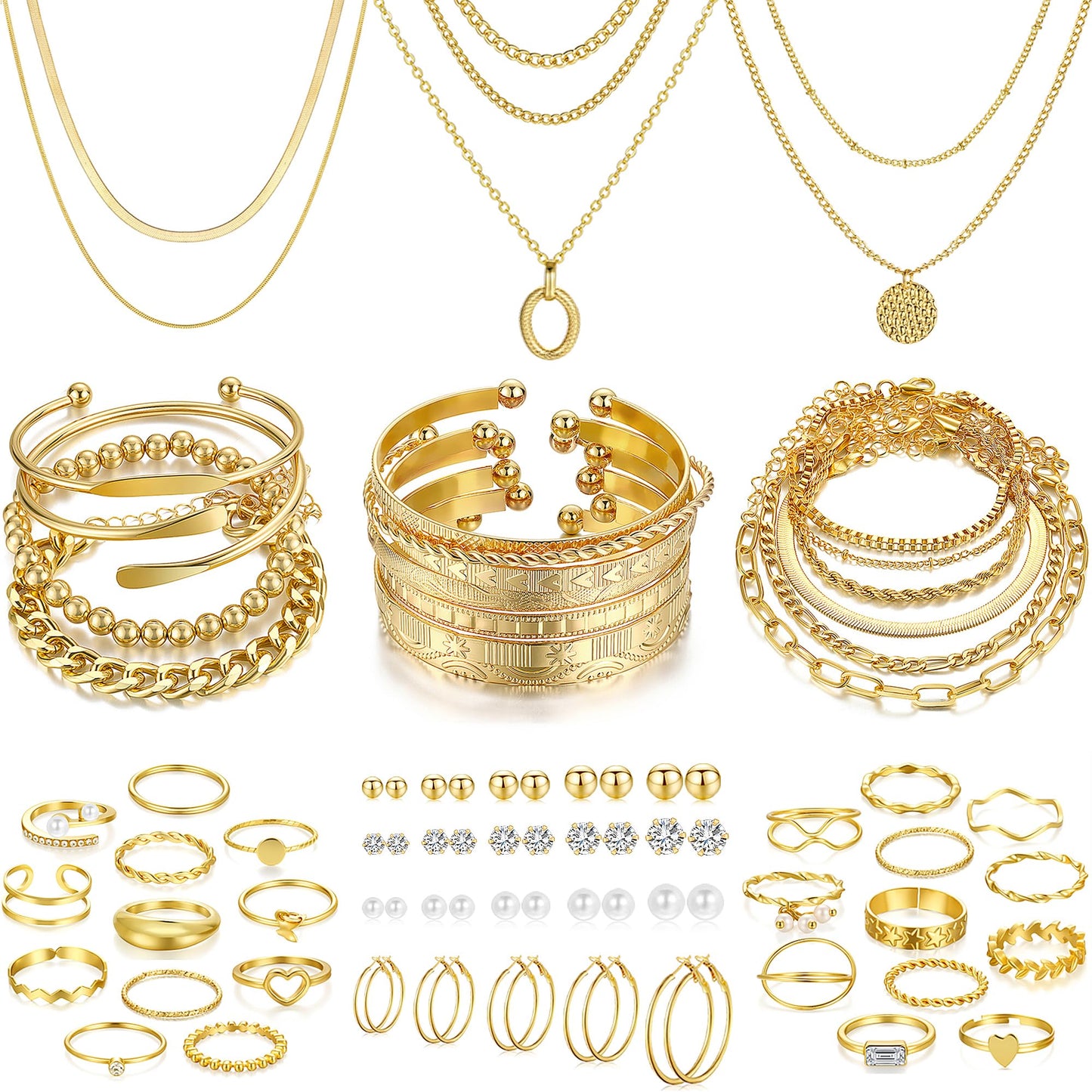FAXHION 68 Pcs Gold Jewelry Set for Women with 7 Necklace, 17 Bracelet, 5 Hoop Earrings, 15 Stud Earrings, 24 Knuckle Rings for Women Jewelry Set for Women