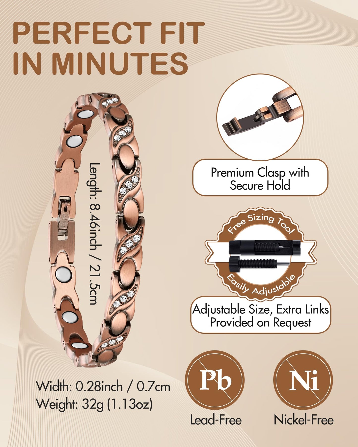 Feraco Pure Copper Bracelets for Women, Ultra Strength Magnetic Bracelet with 3500 Gauss Magnets & Sparkling Cubic Zirconia, Adjustable, Infinite Symbol