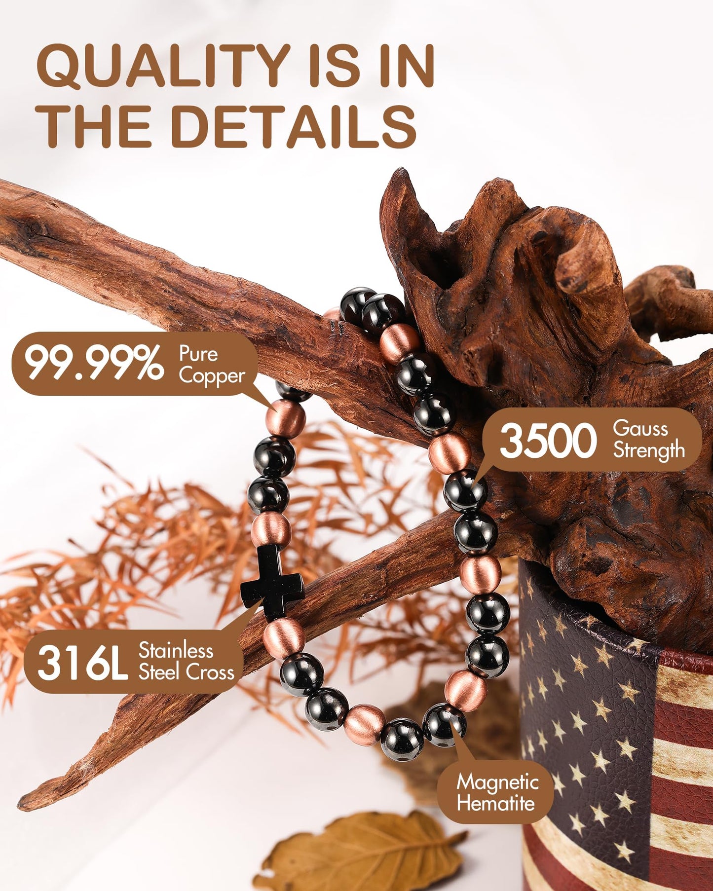 Feraco Pure Copper Magnetic Bead Bracelet for Men Women with Cross, 8mm 99.99% Solid Copper & 3500 Gauss Magnetic Hematite Beads, Unisex Stretch Wristband, Gift-Ready Jewelry