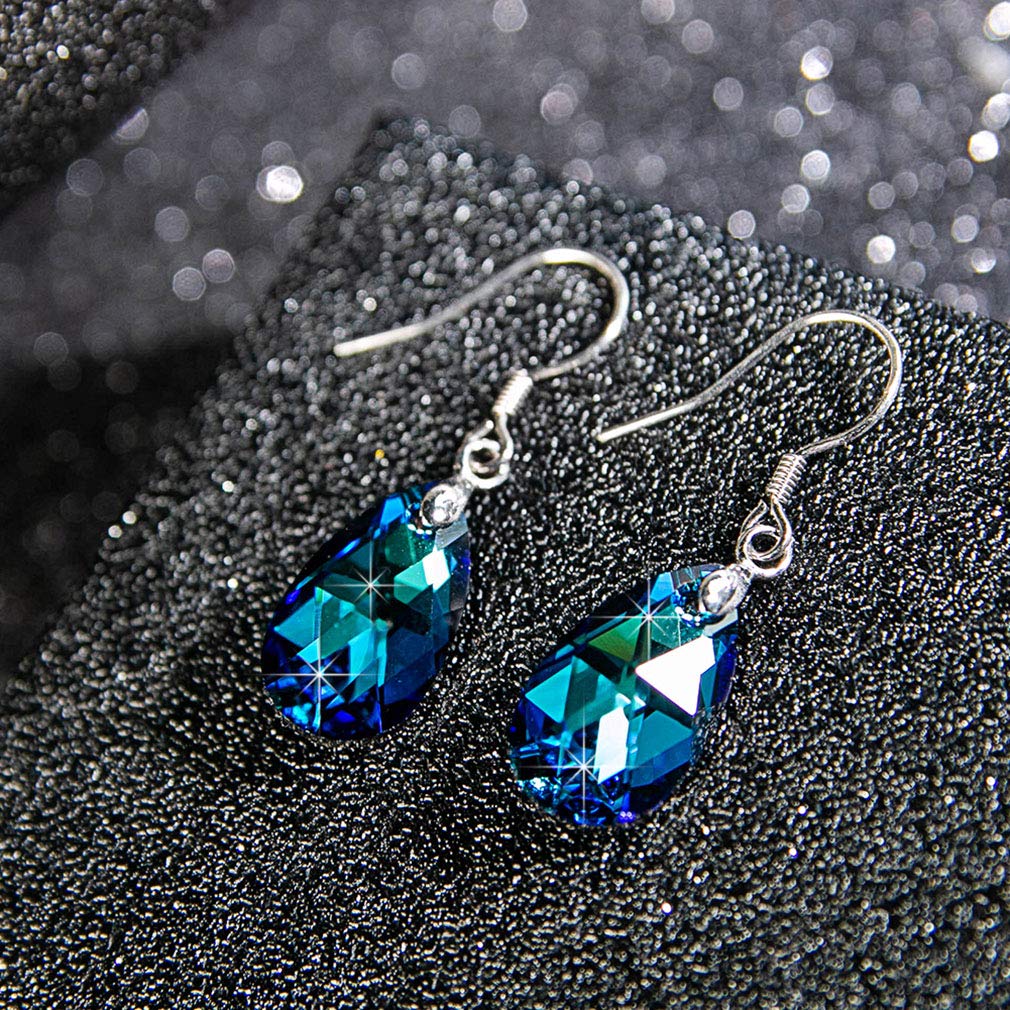Austrian Crystal Teardrop Dangle Earrings for Women Drop Hook Earring 925 Sterling Silver Hypoallergenic Jewelry (Bermuda Blue)