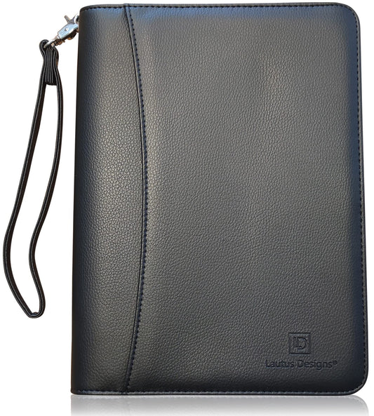 Zippered Portfolio Binder with Junior Legal 5x8 Notepad - Matt Black PU Faux Leather Business Padfolio Organizer Folder with 8 Inch Tablet Sleeve & Gift Box by Lautus Designs