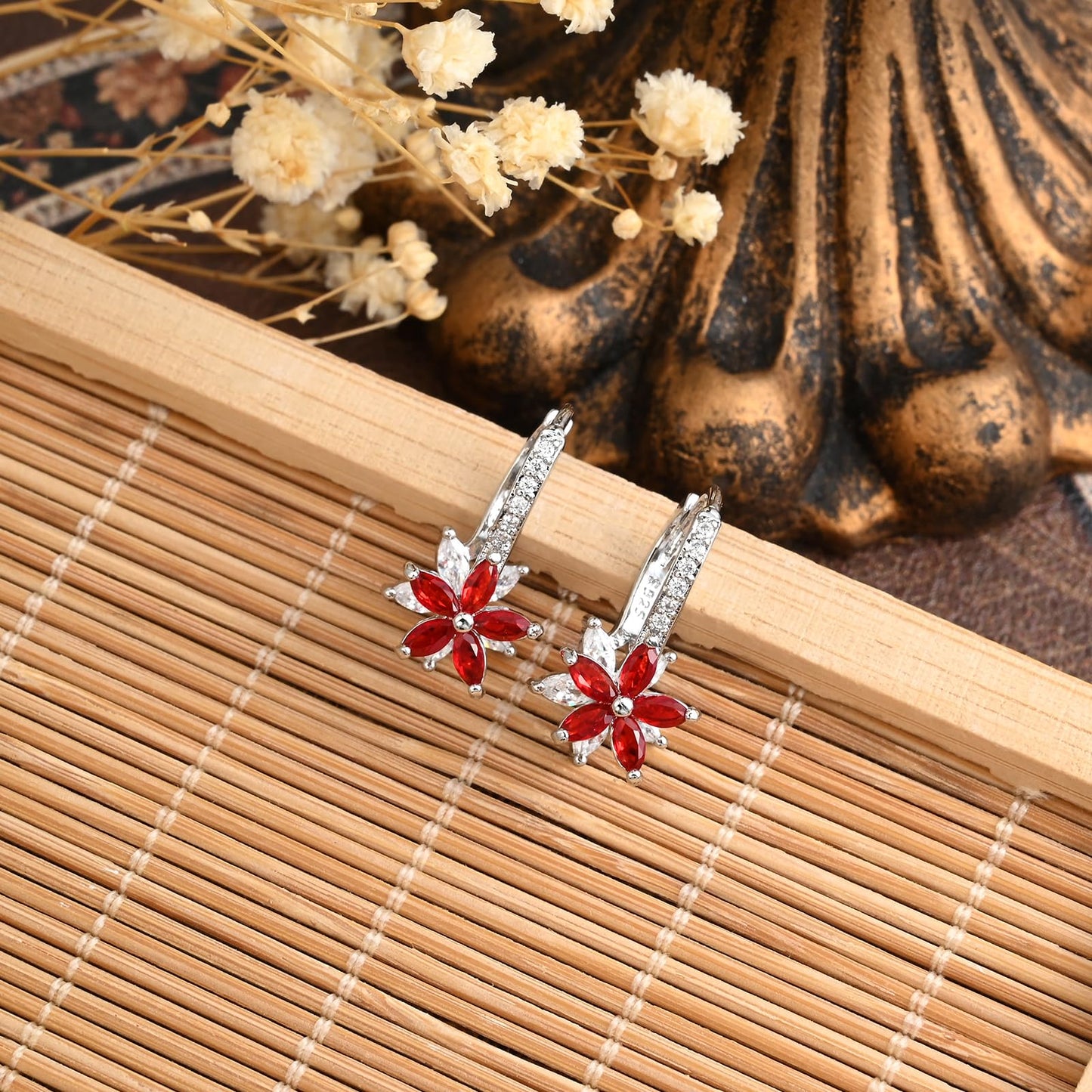 Watforsh 925 Sterling Silver Flower Earrings for Women Dangling Leverback Earrings with Ruby and White Crystal Double Floral