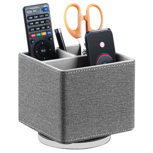 YAPISHI Remote Control Holder, 360° Swivel TV Remote Holder for Table, PU Leather Remotes Caddy, Nightstand Organizer for Media Controllers/Makeup/Office Supplies, Bedside Decorations for Living Room