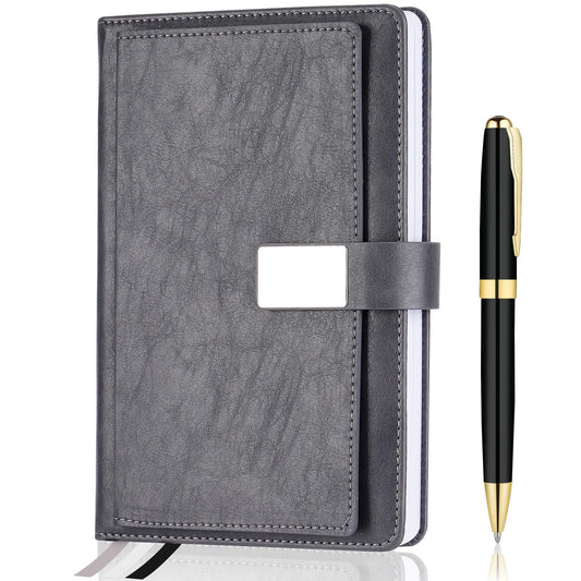 Executive Lined Journal Notebook, 256 Pages, College Ruled, A5 Hard Cover Leather, Pen included, with Notes Pocket; Journaling Notebooks for Work, Notes Taking, Personalized Gifts, Gray