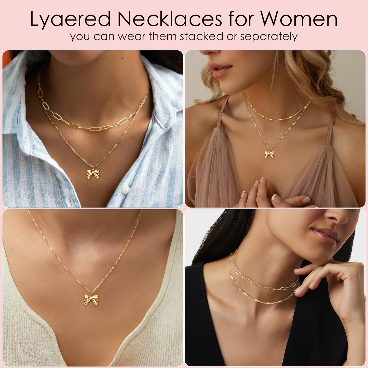 Layered Gold Bow Necklaces for Women,14k Gold Plated Dainty Stackable Choker Necklaces for Women,Trendy Layering Small Bow Pendant Paperclip Thin Chain Necklace Set Jewelry Gifts for Women