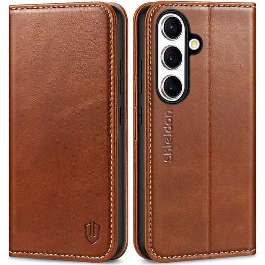 SHIELDON Genuine Leather Wallet Case for Galaxy S25 6.2" 2025, Retro Brown