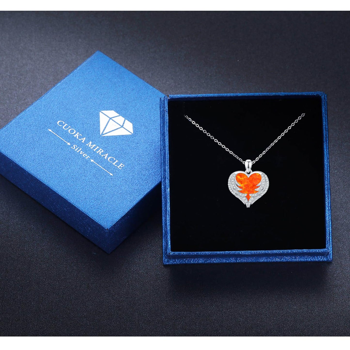 CUOKA MIRACLE Heart Necklace Angel Wing Heart Opal Necklace 925 Sterling Silver Women Necklace Guardian Angel Wings Pendant Necklace Dainty Opal Jewelry Birthday Gifts for Mom Women (Orange Opal Wings)