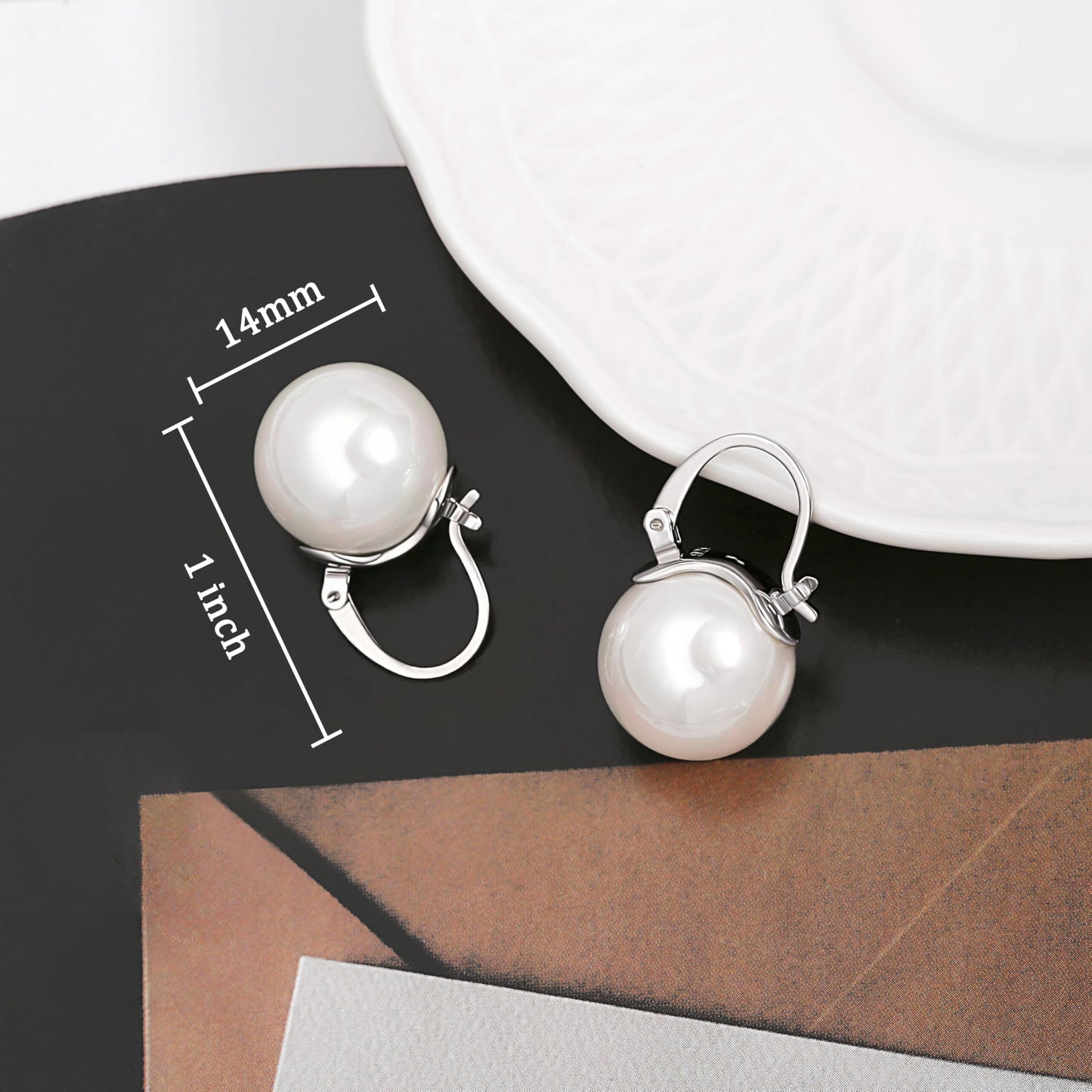 14mm Big Pearl Drop Earrings, Simple Silver Huggie Hoop Earrings, Dainty Wedding Jewelry for Bridal