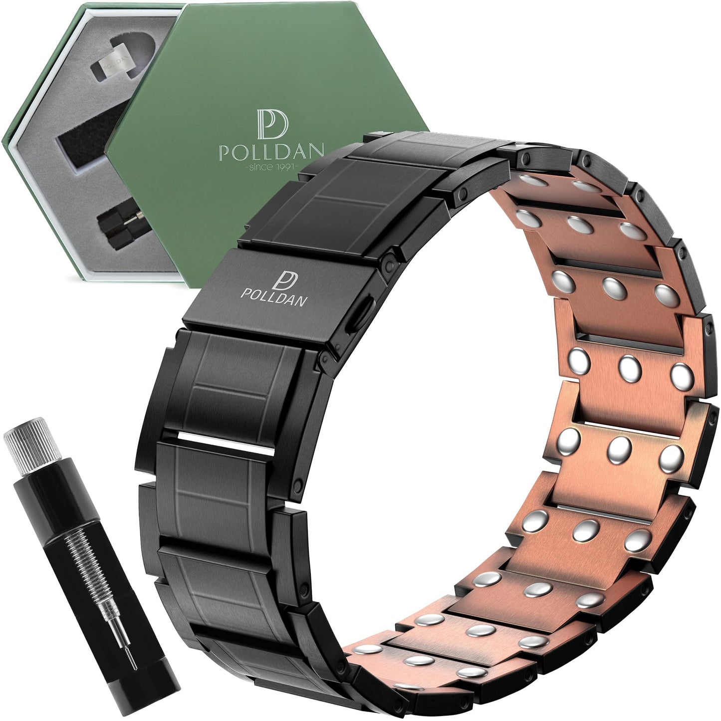POLLDAN Copper Bracelet 6200 Gauss Power | Mens Bracelet 99.99% Pure Copper | Magnetic Bracelets for Men with Adjustable Fit & Sizing Tool | Stylish Men's Jewelry | Magnet Gifts for Him (3X Power Black Copper)