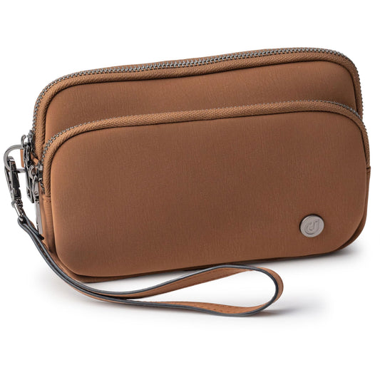 Dorefala Wristlet Purses for Women, Small Vegan Leather Wallet with 3 Zipper Pockets, Clutch Bag for Travel Gift (Brown)