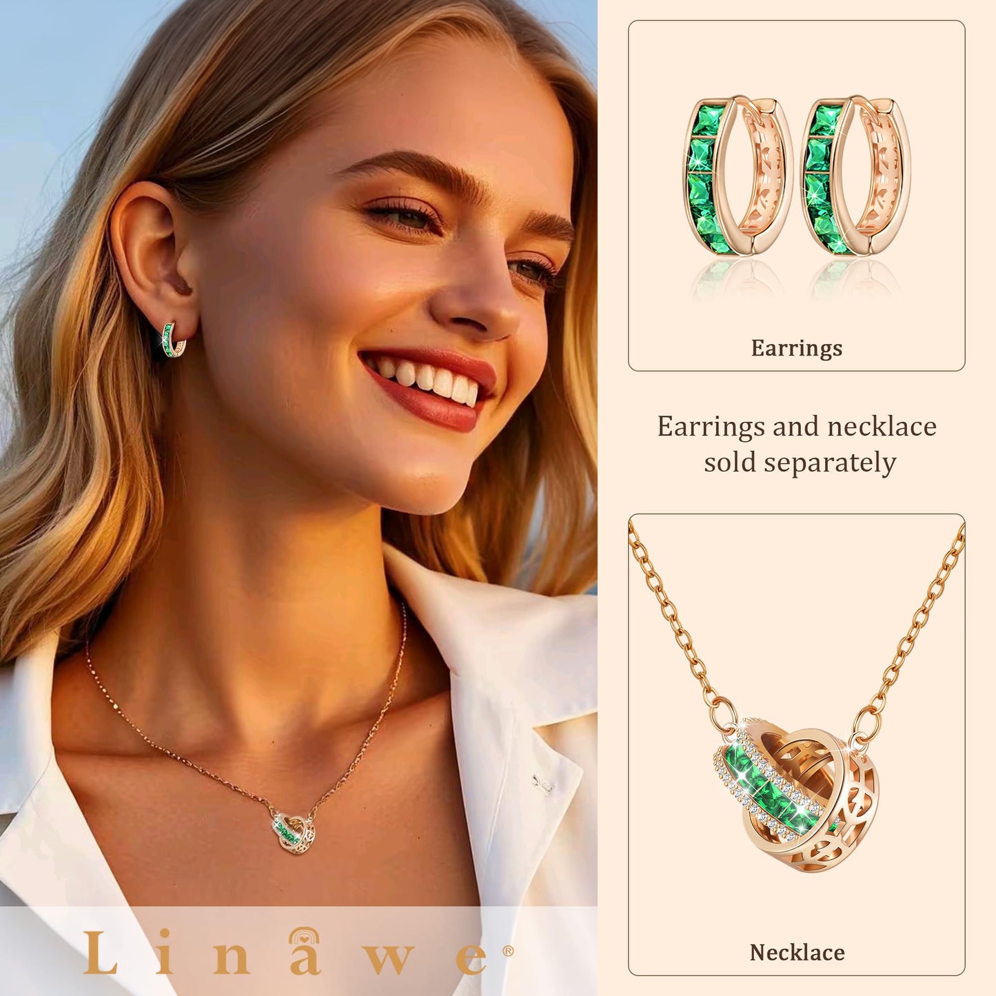 Linawe Green Small Hoop Earrings, Rose Gold Huggie Earrings for Women Trendy, Cubic Zirconia Earrings Stud, Piercing Jewelry, Cartilage Mini Hoop, Emerald Earrings Flat Back