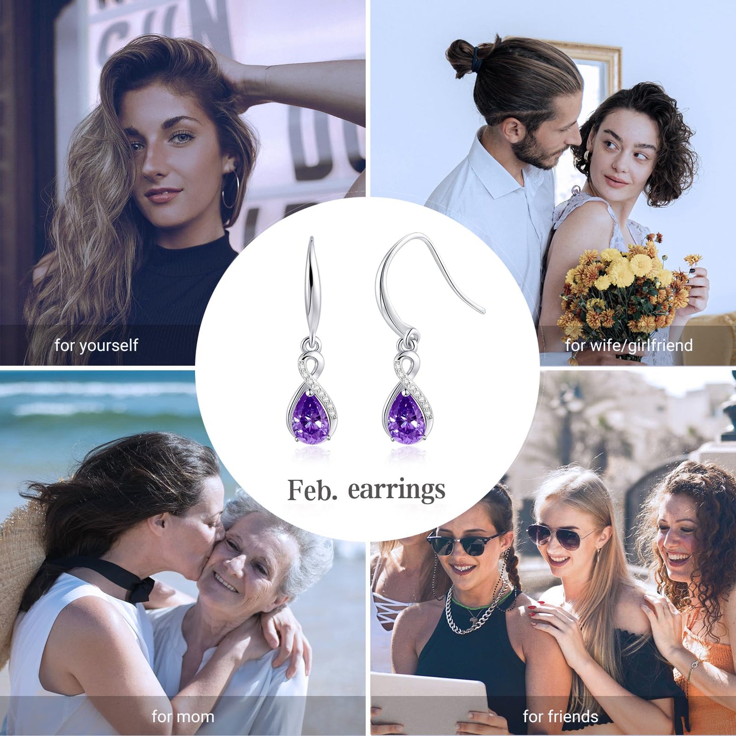 Infinity Birthstone Earrings 18K White Gold Plated 925 Sterling Silver Teardrop Infinity Drop Dangle Earrings February Birthstone Jewelry Birthday Gifts for Women Her Mother Wife