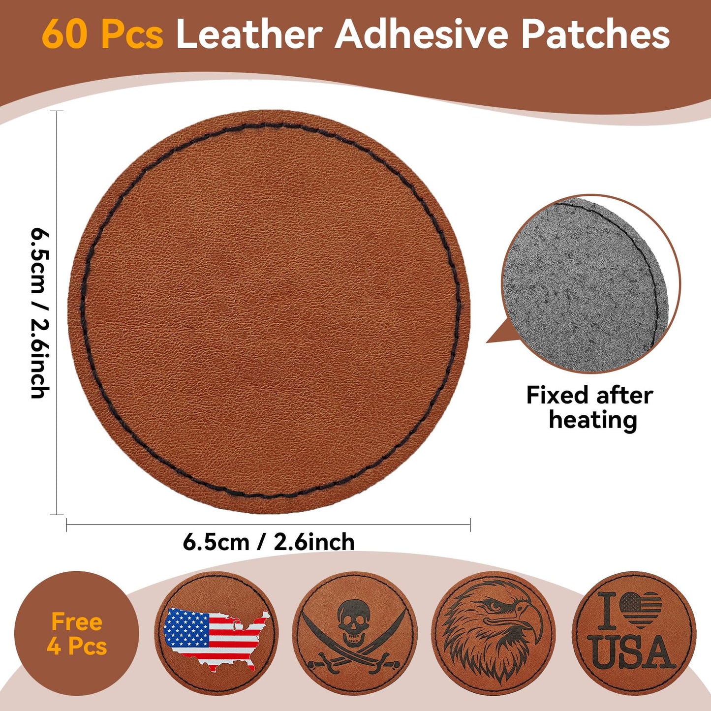 Harsgs 64PCS Blank Leatherette Hat Patches, Retangle Laserable Rustic Leatherette Patch with Adhesive for Heat Press/Transfer Iron-on, Round Light Brown