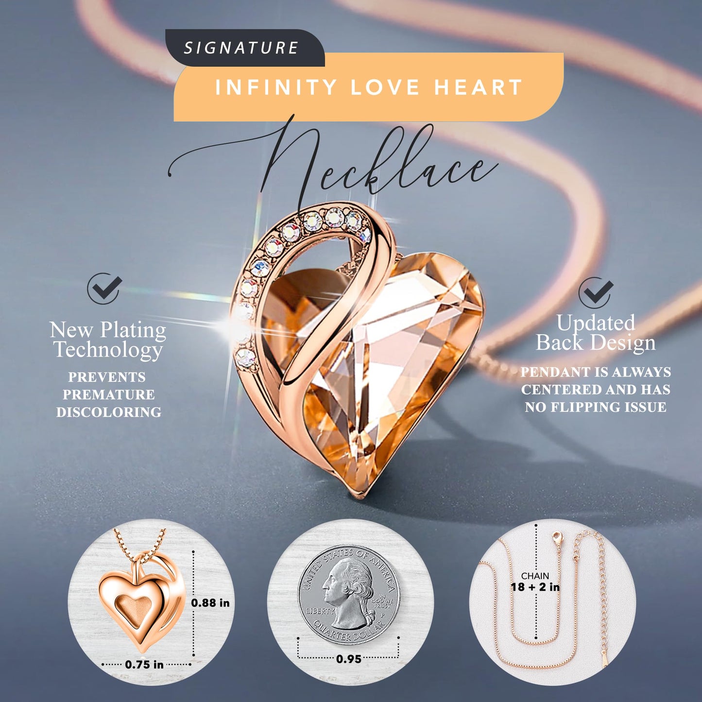 Leafael Gifts for Women Rose Gold Plated Necklaces: Heart Shaped Orange Healing Crystals, Cubic Zirconia, Hypoallergenic Chain (18"+2"), Jewelry for Anniversaries and Birthdays