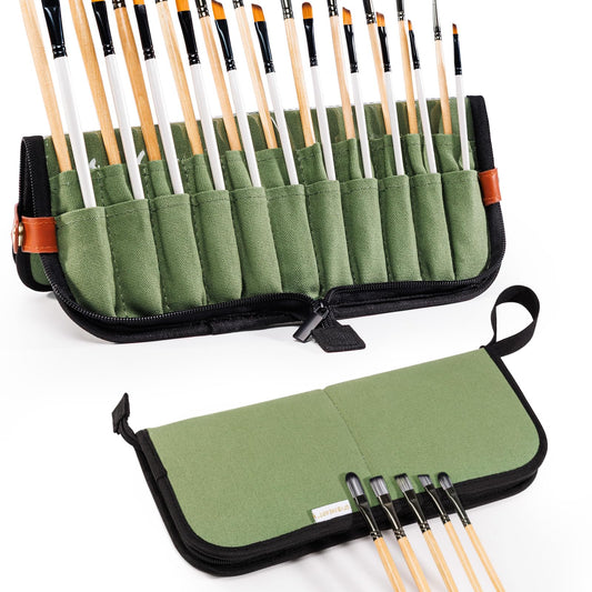 Stand Up Canvas Paint Brush Holder Case for Artists, 22 Slots Brush Organizer with Pop-Up Stand, Zippered Travel Paint Brush Storage Bag for Acrylic Oil Watercolor Brushes, Portable Paintbrush Case