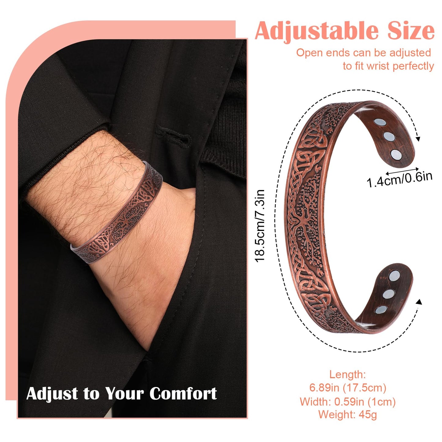 Heclia Copper Bracelet for Men and Women Pure Solid Copper 3500 Gauss Bracelet for Men 18X Strength Mens Bracelets with 6pcs Gauss Vintage Adjustable Jewelry Gift