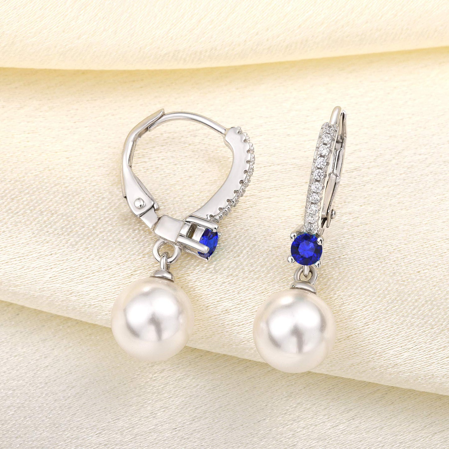 JO WISDOM Pearl Earrings,925 Sterling Silver 8mm Pearl Leverback Drop Earrings with 3A CZ September Birthstone Sapphire Color,Wedding Earrings