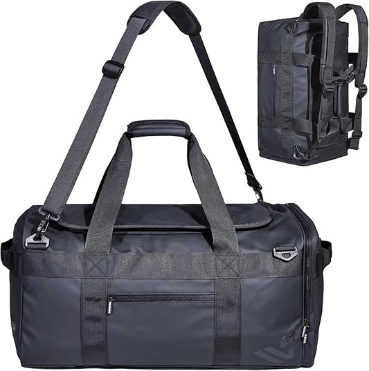 Duffle Backpack Heavy Duty Gym Bag for Men, 50L Convertible Travel Duffel Water Resistant Large Hand Bag for Sport Weekend, Black