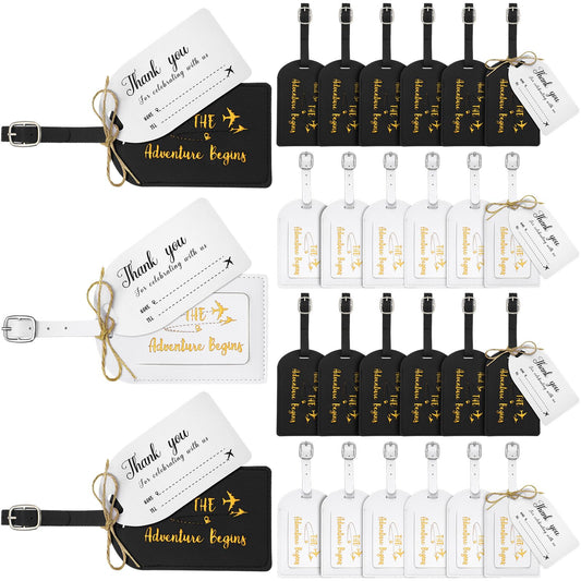 Sweetude 48 Sets Leather Luggage Tag Bulk and So The Adventure Begins Luggage Tags with Name Card for Wedding Bridal Shower Bachelorette Honeymoon Travel Graduation Gifts(Black, White)