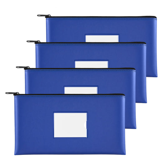 SMARTAKE Money Bags with Zipper, 4-Pack Bank Bags with Label, Waterproof Leather Money Pouches, for Cash Coin Bill Invoice Deposit Receipt Storage and Organize, 11.5 x 6.2 Inches (Blue)
