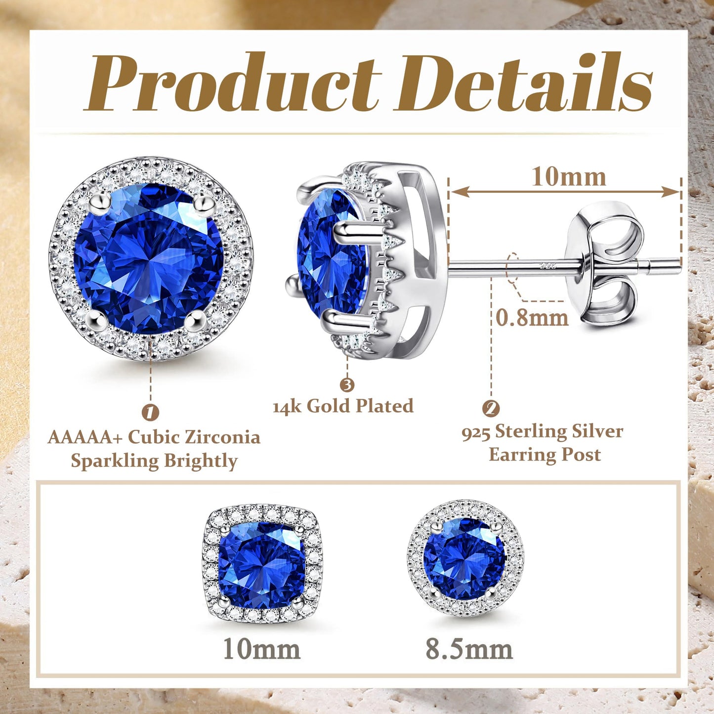 Hayoso Cubic Zirconia Stud Earrings for Women Men Sterling Silver Earring Post Hypoallergenic 14k Gold Plated Round&Square Earrings Silver&Blue