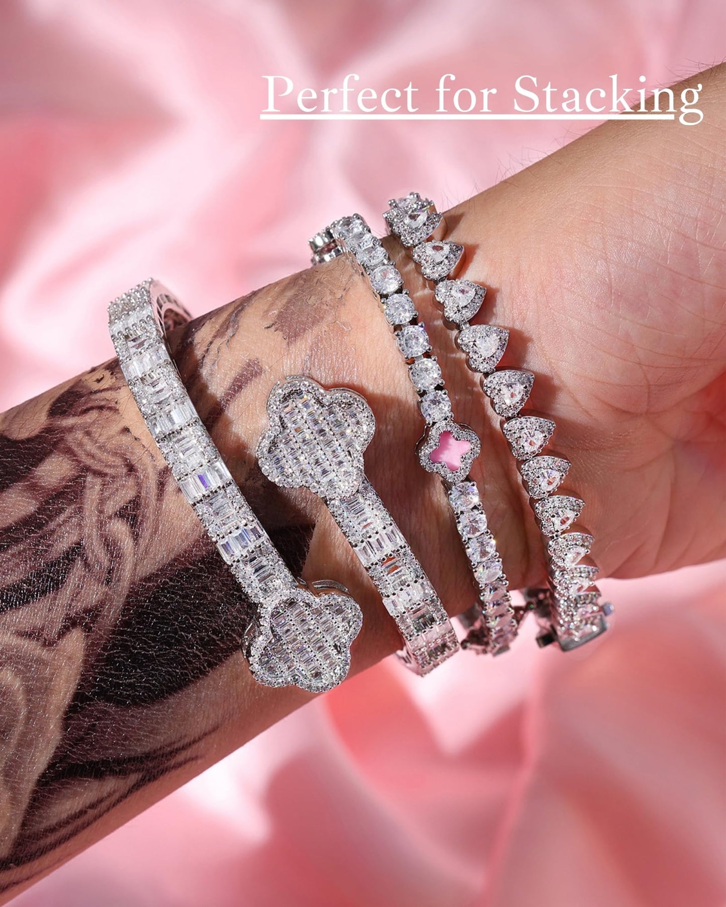 LuxeFlex 4mm Iced Out Clover Tennis Bracelet, White Gold Plated with 5A Zircon Stones, Handmade exquisite Hip Hop Jewelry, Perfect Unisex Gift (White Gold-Pink,7)