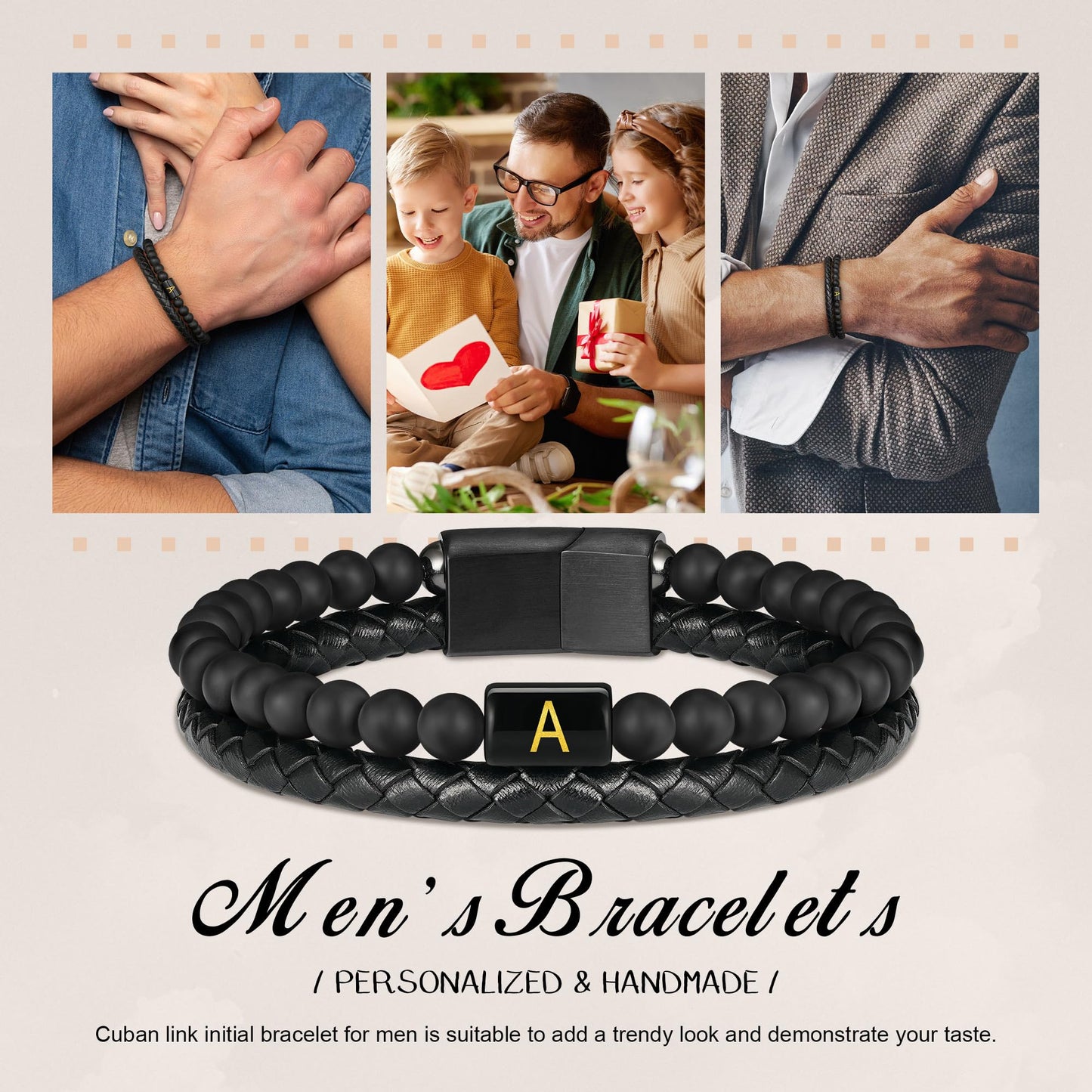 Mens Leather Bracelet with Initial - Men Gift Matte Agate Bead Magnetic Clasp Black Leather Bracelets Mens Gifts Men Bracelets with Initial P Bracelet for Men's Jewelry Men's Gifts for Dad Husband Him