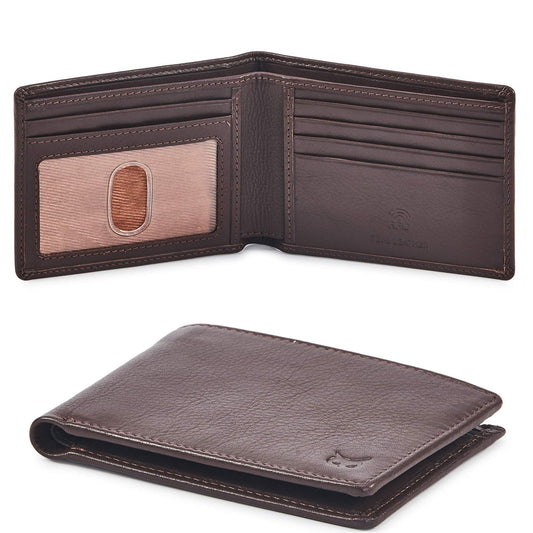 Real Leather Mens Bifold Wallet RFID Blocking Slim Minimalist Front Pocket - Thin & Stylish with ID Window in Gift Box (Nappa, Chocolate)