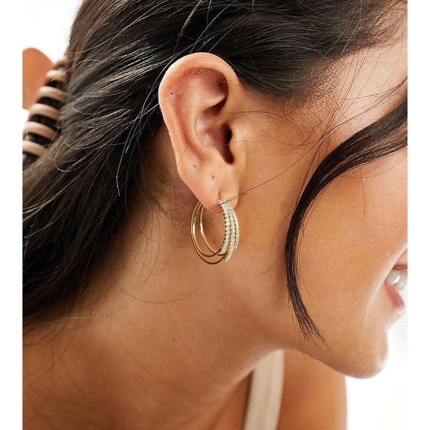 GLOQUAT 14K Gold Plated Triple Hoop Earrings for Women Trendy Triple Gold Earrings for One Hole Elegant Gold Double Hoops Earring Lightweight and Hypoallergenic Sparkly Jewelry Gifts 30mm