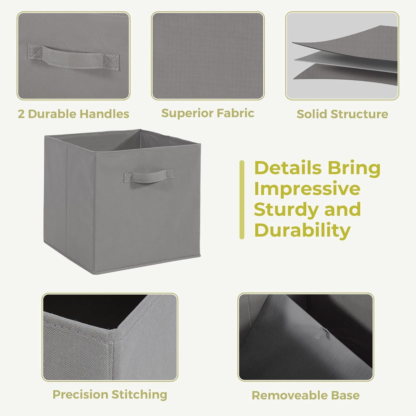 Skiennix 11x11 Storage Bins - Set of 4 Collapsible Fabric Organizers with Handles | Grey