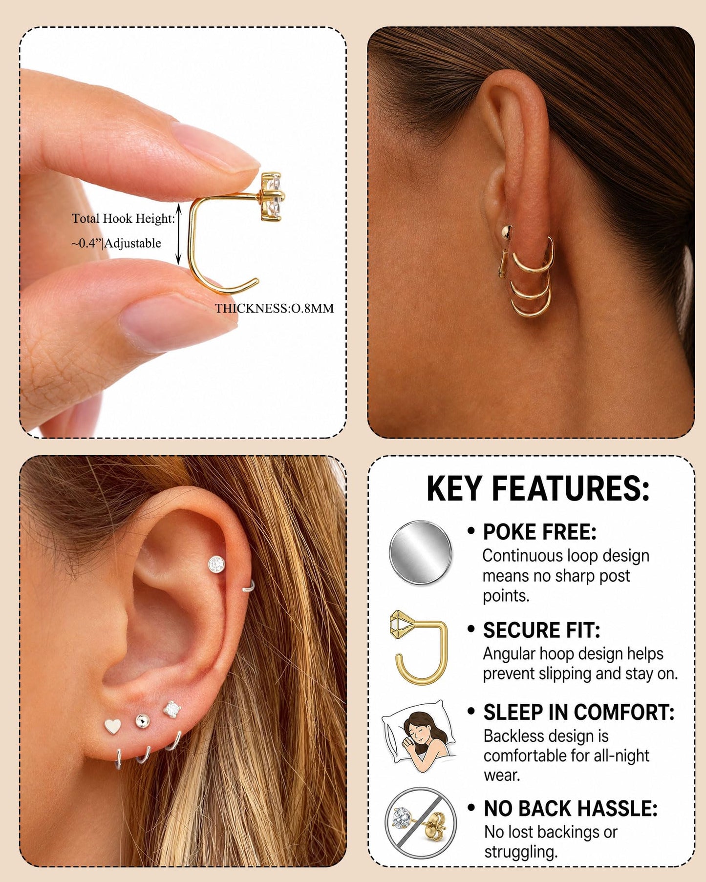 RLMOON Backless Earrings Silver Huggie Half Hoop Earrings for Women 14K Gold Plated Stay Close Hoop Earrings No Back Comfort Fit Hypoallergenic Stackable Earrings to Sleep in
