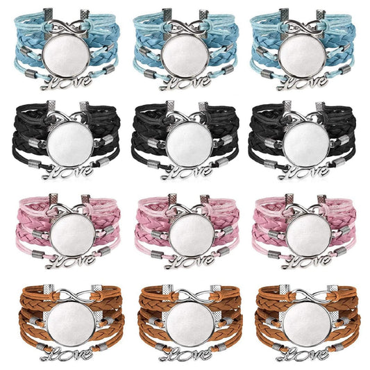 MIAO JIN 12PCS 25mm adjustable round Cabochon Bezel Disc Rough bracelet leatherette Bracelet Bezel set for hand crafted bracelets