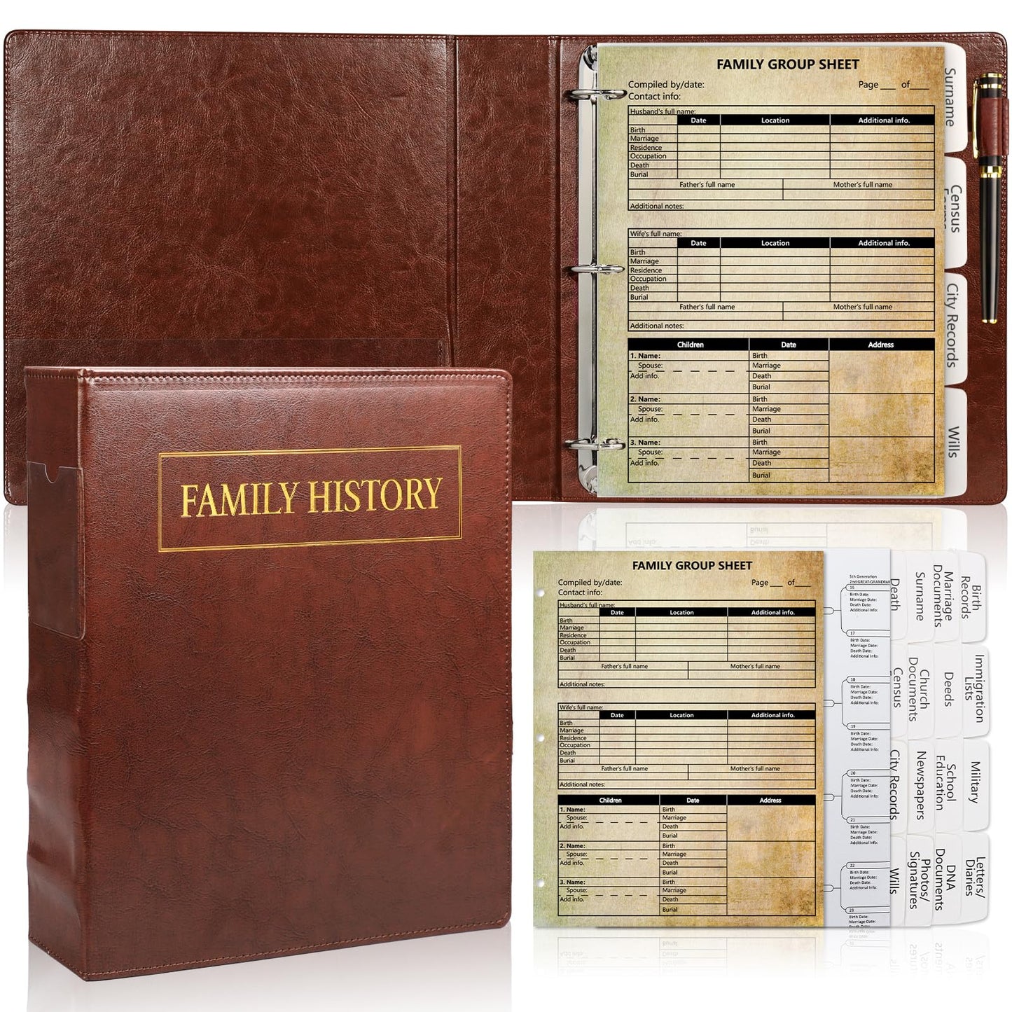 3 Ring Family History Binder 50 Sheet 12th Generation Family Group Sheets 16 Sheets Genealogy Binder Dividers Family Tree Charts to Fill in with PVC Pocket Pen Loop Brown