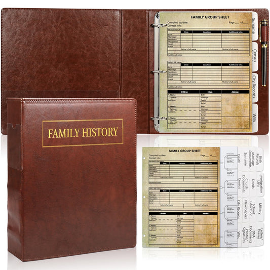 3 Ring Family History Binder 50 Sheet 12th Generation Family Group Sheets 16 Sheets Genealogy Binder Dividers Family Tree Charts to Fill in with PVC Pocket Pen Loop Brown