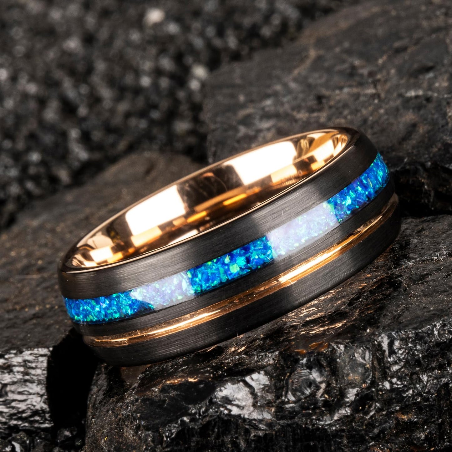 JEWPER 8mm Men Womens Wedding Band Tungsten Rings Black Blue rose gold Fashion Promise Carbide outer ring Inlaid Opal groove design Matte Finish Edge Comfort Fit Size(9)