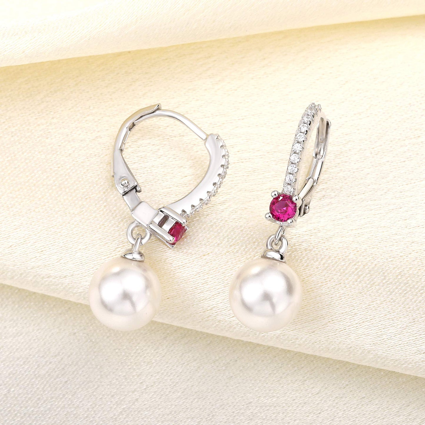 JO WISDOM Pearl Earrings,925 Sterling Silver 3A CZ July Birthstone Ruby Color 8mm Pearl Leverback Drop Earrings,Jewelry for Women