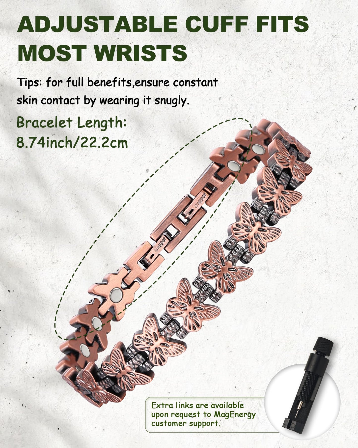 MagEnergy Copper Bracelets for Women, 99.99% Pure Copper Magnetic Bracelet with 3500 Gauss Magnets & Butterfly, Adjustable, Jewelry Gift